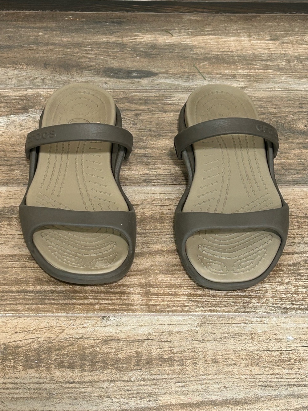 Crocs Brown Tan double strap comfort slides Sandles size 7 water friendly